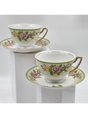 Celebrate Set of 2 Footed Cup and Saucer Set Green & Cream Band Floral Sprays